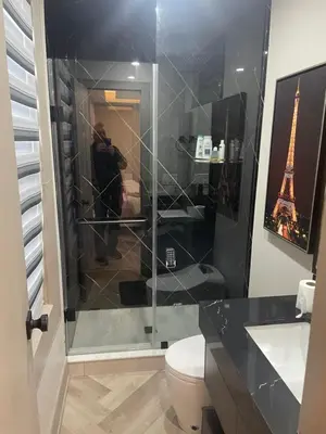 a bathroom with a shower with a toilet and the eiffel tower at Modern 4 Bedroom Ground Floor Bungalow Style Home in Niagara Falls