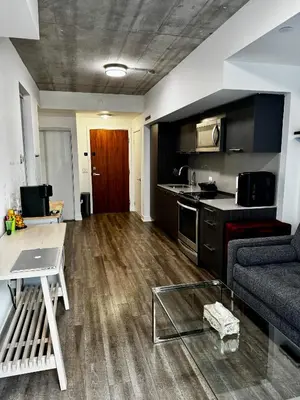 a kitchen and living room with a couch and a table at Condo in the heart of toronto in Toronto