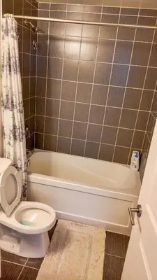 a bathroom with a toilet and a tub and a shower at 17 Zorra street in Toronto