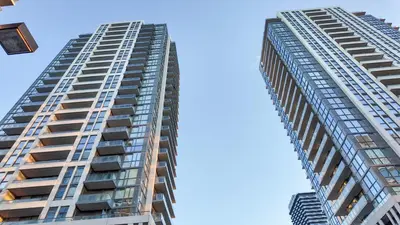 two tall buildings looking up at the sky at 17 Zorra street in Toronto