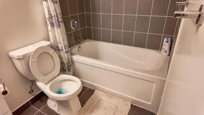 a bathroom with a white toilet and a bath tub at 17 Zorra street in Toronto