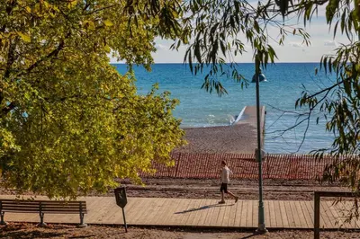 a person walking on a sidewalk near the beach at Apartment Near Downtown Toronto & The Beaches in Toronto