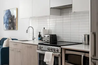 a kitchen with a stove top oven next to a sink at Style & Comfort in the Heart of Toronto in Toronto