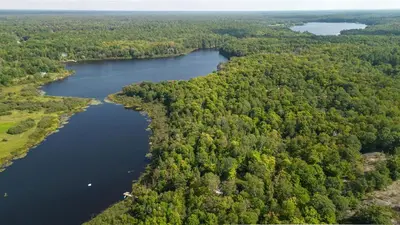 an aerial view of a river and forest at Sauna Hot Tub Lake Off-Grid AFrame Retreat in Gravenhurst