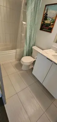 a bathroom with a white toilet and a shower at Queen Bed and single bed for friends in Port Hope