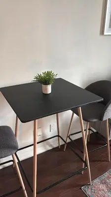 a black table with a potted plant on top of it at apartment for 2 by water in St. Catharines