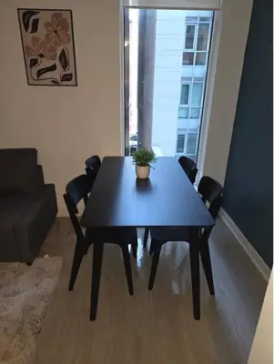 a black table in a living room with a plant on it at Condo with grey sofa bed in Port Hope