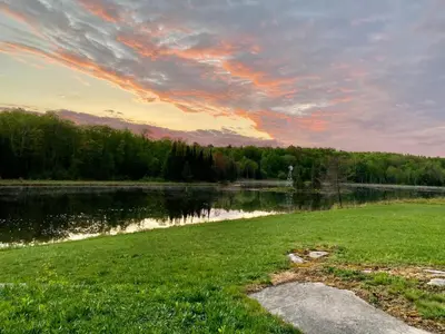 a view of a lake with a grass field and trees at Cajun Cabin Private Nature Resort in Minden