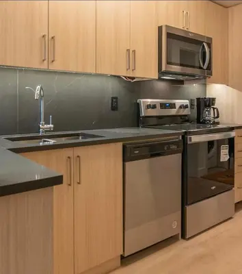 a kitchen with a sink and a stove and a microwave at Cozy 2BD Near UW in Waterloo