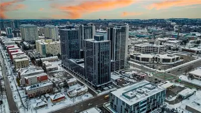 an aerial view of a city with snow covered buildings at Cozy 2BD Near UW in Waterloo