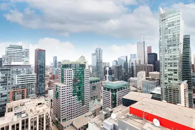 an aerial view of a city with tall buildings at Apartament Downtown Toronto + Beautiful View in Toronto
