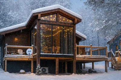 a log cabin in the snow with christmas lights at Stunning Lakeview Muskoka Pier 100 Resort in Port Carling