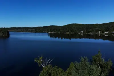 a view of a large lake with trees and houses at Amazing Lakefront cottage on Paradise Lake in Haliburton