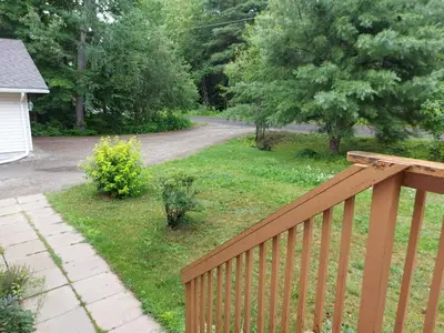 a yard with a wooden fence and a road at Amazing Lakefront cottage on Paradise Lake in Haliburton