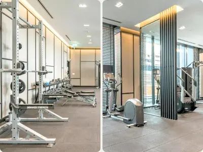 two pictures of a gym with tread machines at Toronto Lakeview by TMU & UofT with Pool, Gym & Parking in Toronto