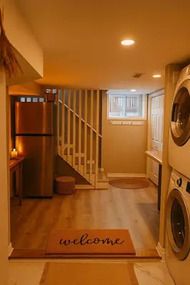 a kitchen with a refrigerator and a washer and dryer at Cozy East Hill 2026 in Belleville