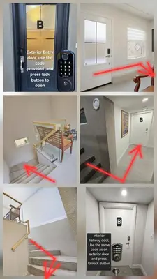 a collage of pictures of different rooms with a red ribbon at Charming Streetsville 2 Bedroom Suite with Parking and Laundry in Mississauga