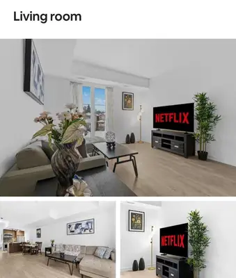 a living room with a television and a living room with a couch at Basek Apartments in Toronto