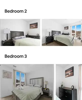 two pictures of a bedroom with two beds at Basek Apartments in Toronto