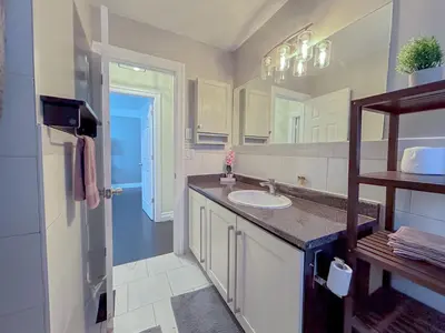 a bathroom with a sink and a mirror at Executive Urban Retreat in Brampton