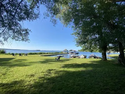 a grassy field with a tree and a body of water at Lakeview Willow Bay Cottages in Harwood in Harwood
