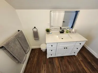 a bathroom with a white sink and a mirror at Getaway by the bay in Owen Sound