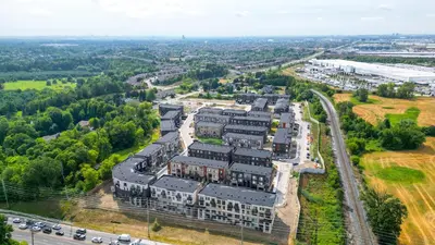 an aerial view of a building in a city at Modern Vaughan Retreat, 10 mins to Pearson Airport, Vaughan Mall in Vaughan