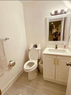 a white bathroom with a toilet and a sink at Cedar Hedge Private Basement Apartment in Milton