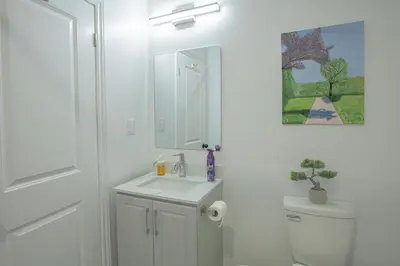 a bathroom with a sink and a toilet and a mirror at Quiet, Soundproof 1-BR Suite Near Victoria Hospital with Parking & Balcony in London