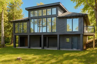 a house with large windows on a lawn at Lakefront Englewood Villas Private BBQ and Lakeview in Lakefield
