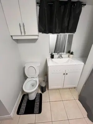 a small bathroom with a toilet and a sink at Charming 2 Bedroom Basement Apartment in Toronto