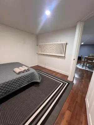 a bedroom with a bed and a rug at Charming 2 Bedroom Basement Apartment in Toronto