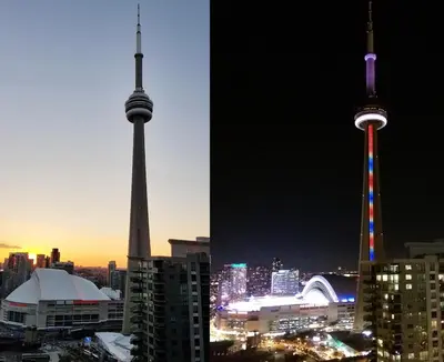 a view of a city at night with the ber needle at Stunning Lake and CN Tower View with 2BR 2BA Free Parking in Toronto