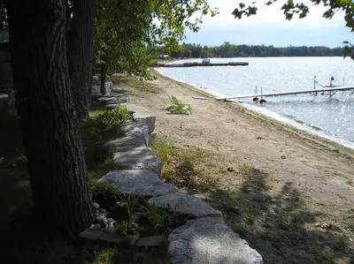 a beach with a tree next to the water at Sandbanks Beach Cottage in West Lake