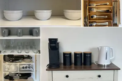 a kitchen counter with a coffee maker and a blender at 2min to DT, Cowboys, Full-Kitchen, 65 inch TV in London