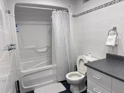 a small bathroom with a toilet and a shower at Lower-Level Classic House in Richmond Hill in Richmond Hill