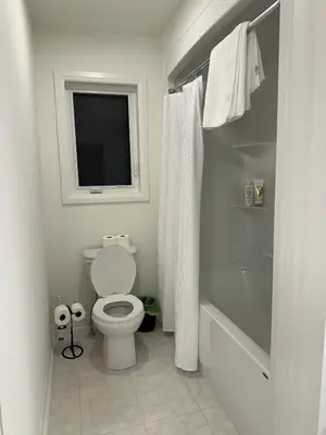 a bathroom with a toilet and a tub and a window at Serene Escape Near Niagara Falls - Premium in Thorold