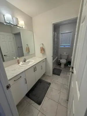 a bathroom with a sink and a mirror and a toilet at Charming Short-Term Stay Near Downtown Fergus & Elora Mill in Fergus