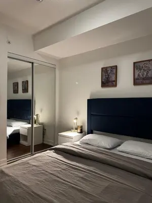 a bedroom with a large bed and a mirror at Modern 1 bedroom with private bathroom near Toronto airport in Toronto