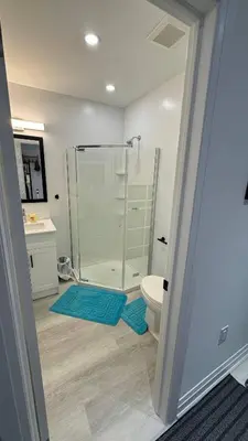 a bathroom with a glass shower and a toilet at Cozy Studio Retreat in Scenic Georgina, Canada in Georgina