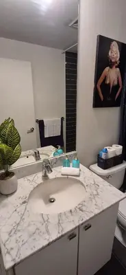 a bathroom with a marble sink and a mirror at Liberty Village Condo Lake and BMO Field View in Toronto