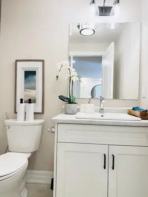 a white bathroom with a toilet and a sink at Designer Escape by the Pond in Kitchener