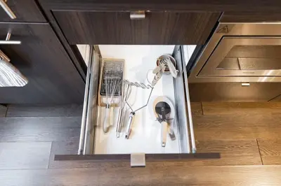 an overhead view of a kitchen with utensils at Sleek Yorkville King Suite Sleeps 5 DT in Toronto