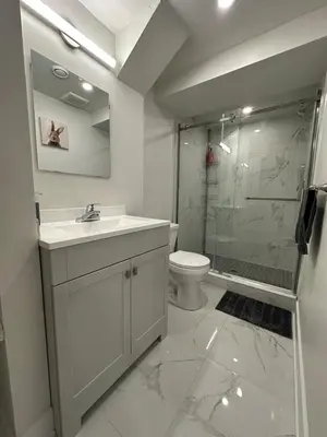 a bathroom with a shower and a sink and a toilet at Cozy Parkside 2 Bedroom Basement Suite in Vaughan
