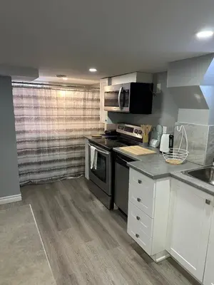 a kitchen with a stove and a microwave at 1 Bedroom Basement with parking and Backyard in Hamilton
