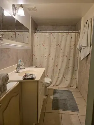 a bathroom with a toilet and a shower curtain at Homely Inn in Toronto
