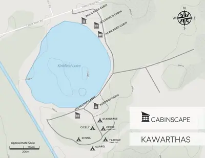 a map of kwartasi archaeological site at Woodrush Cabin a Charming Lakefront Tiny Cabin in Victoria Road