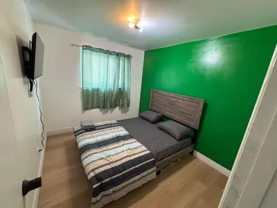 a bedroom with a green wall and a bed at Private Room Near Airport D50 in Mississauga
