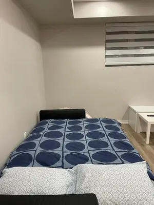 a bedroom with a bed with a blue and white comforter at One bedroom and studio Basement Apartment unit sleeps 4 in Oakville