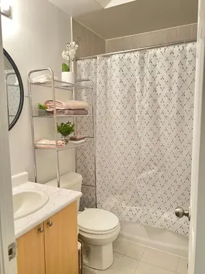a bathroom with a toilet and a shower at Peaceful serene oasis with free parking and wifi in Brampton